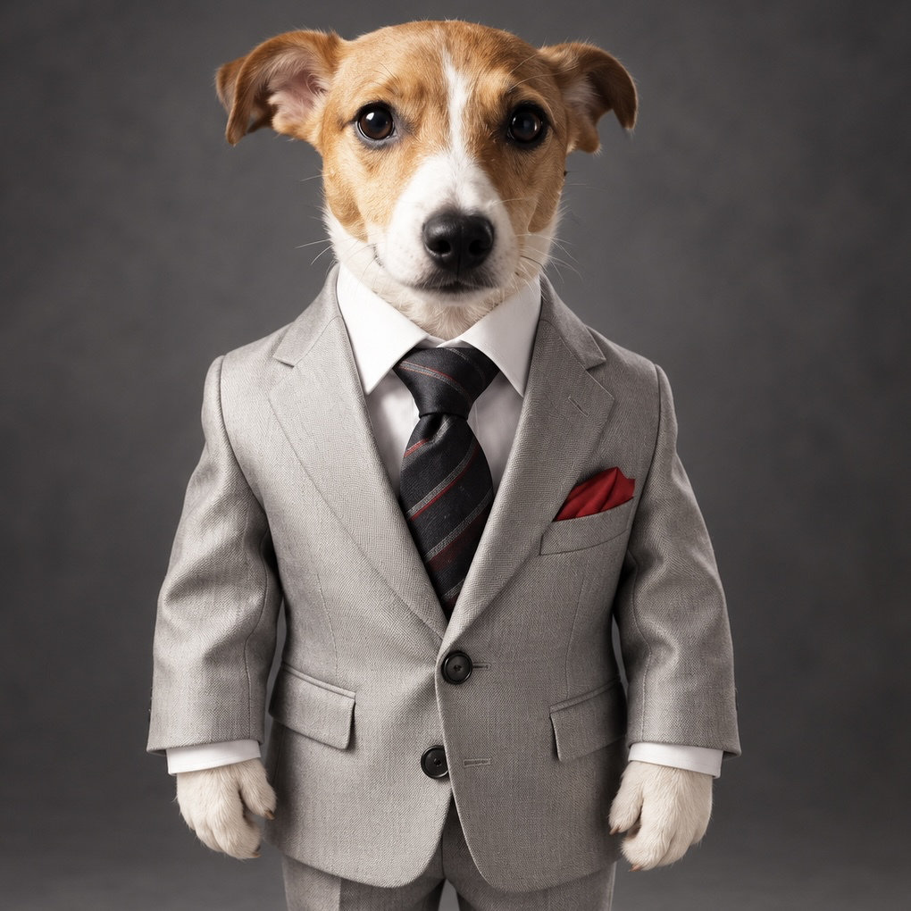Business Doggy, a Jack Russell terrier wearing a grey suit, white shirt, striped tie and red pocket square